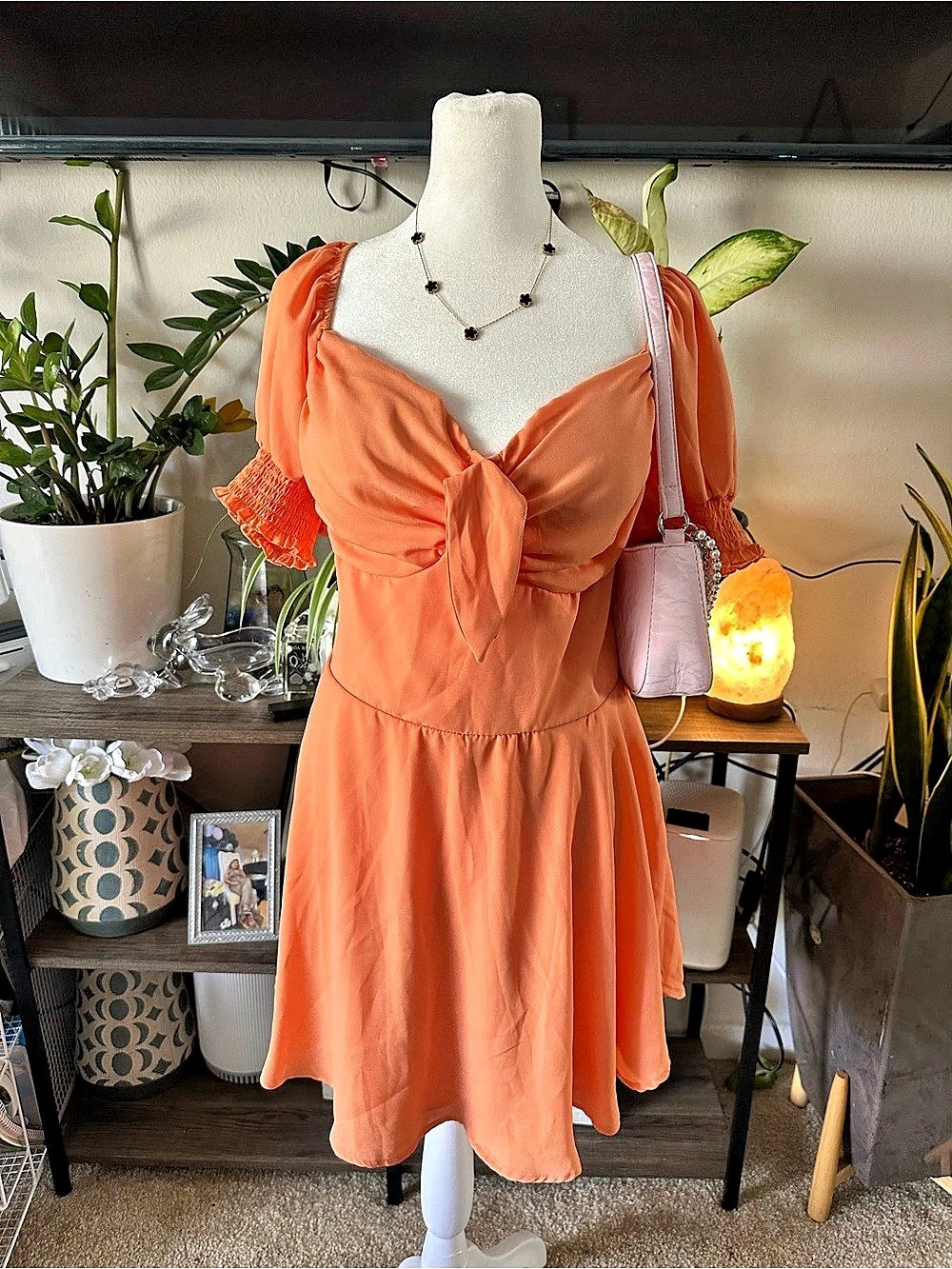 Fourteen Twelve Orange Tie Front Puff Sleeve Mini Dress